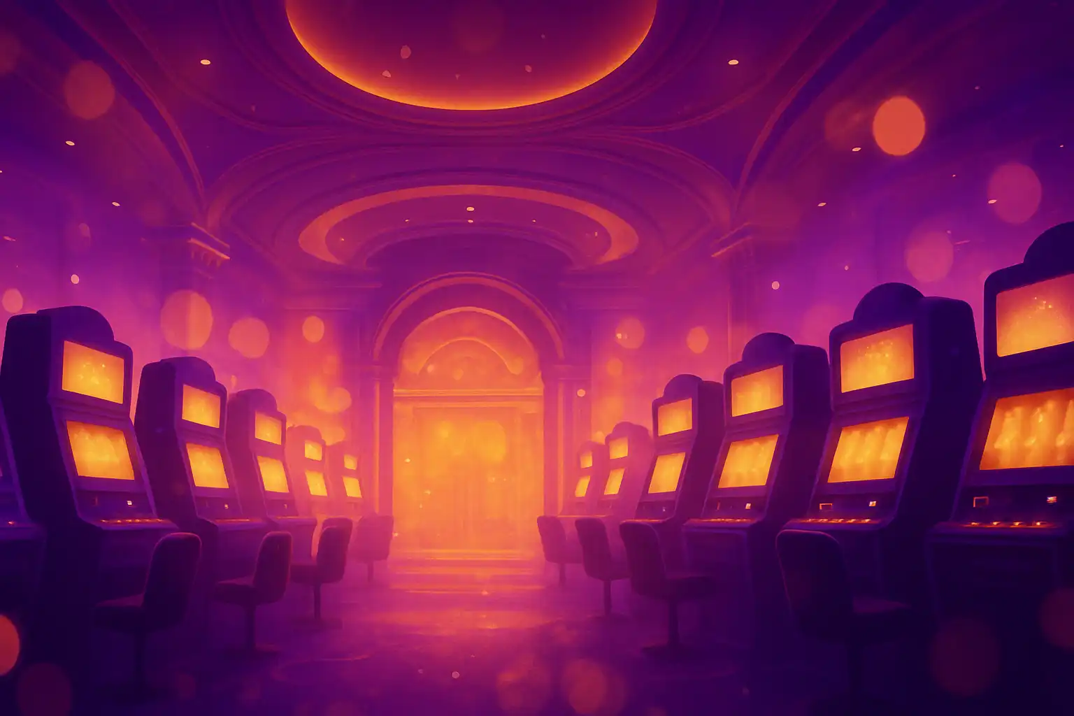 Furysbet Casino lobby screen displaying slot tiles bathed in purple and gold light