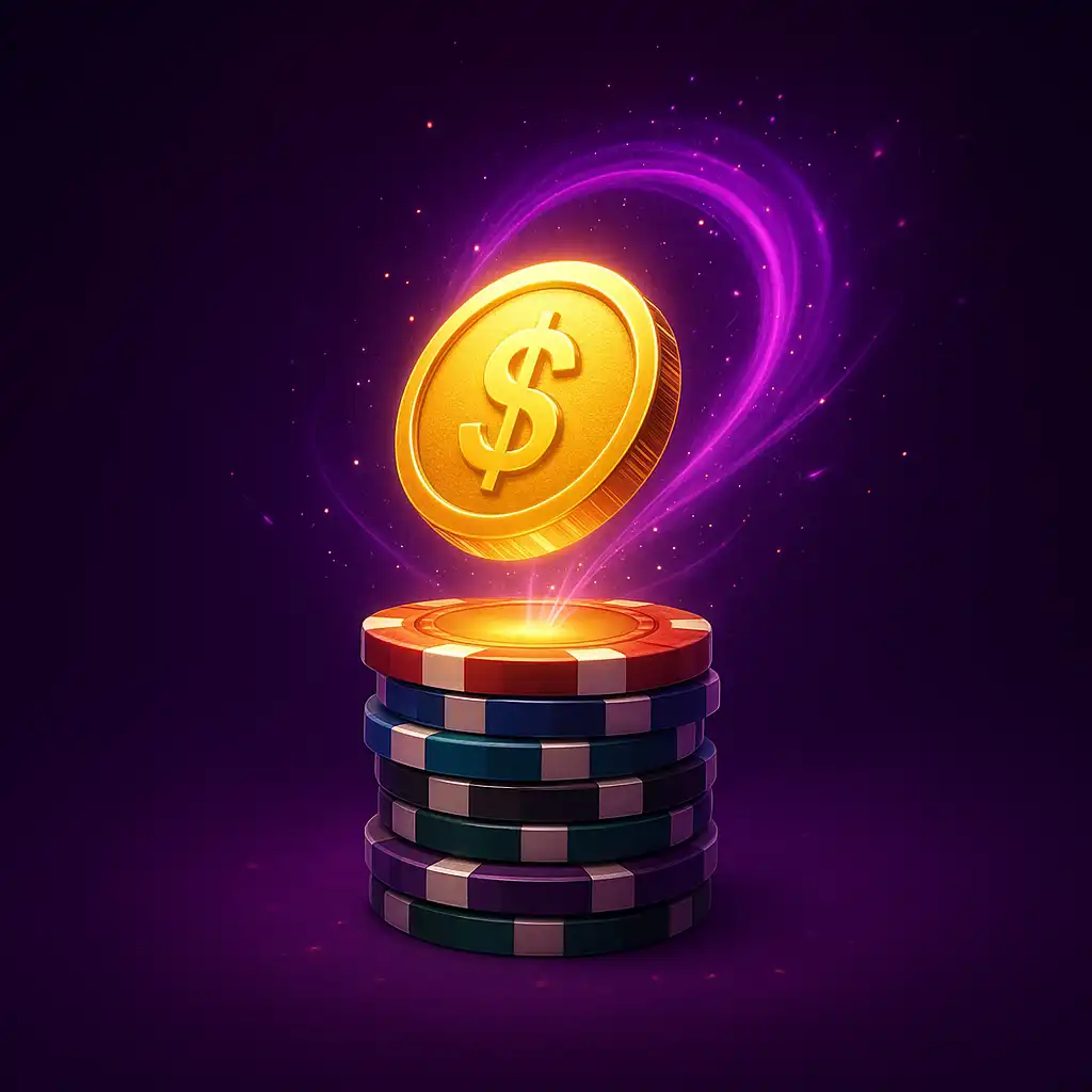 Illustration of a gold coin dropping into a casino chip stack