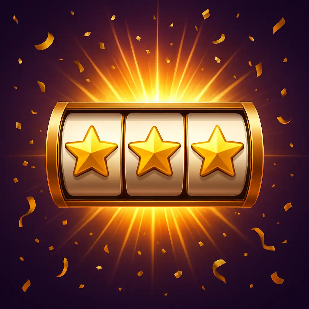 Illustration of slot reels lined up with gold stars and a jackpot win banner